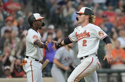 May 16, 2023; Baltimore, Maryland, USA; Baltimore Orioles third baseman Gunnar Henderson (2) celebrates with Baltimore Orioles shortstop Jorge Mateo (3) after scoring during the fourth inning against the Los Angeles Angels  at Oriole Park at Camden Yards. Mandatory Credit: Tommy Gilligan-USA TODAY Sports