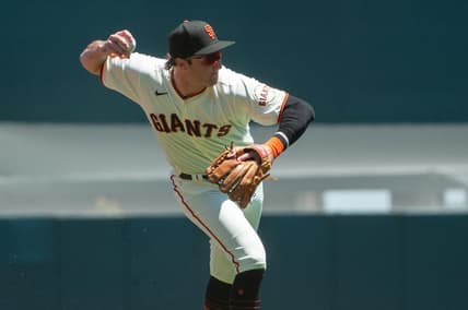 May 17, 2023; San Francisco, California, USA; San Francisco Giants third baseman Casey Schmitt (6) throws to first base during the first inning against the Philadelphia Phillies at Oracle Park. Mandatory Credit: Ed Szczepanski-USA TODAY Sports