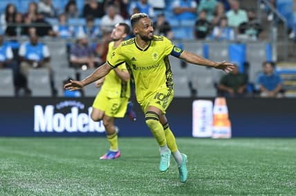 May 20, 2023; Charlotte, North Carolina, USA; Nashville SC midfielder Hany Mukhtar (10) celebrates his goal scored in extra time against Charlotte FC to win the game 2-1 at Bank of America Stadium. Mandatory Credit: Griffin Zetterberg-USA TODAY Sports