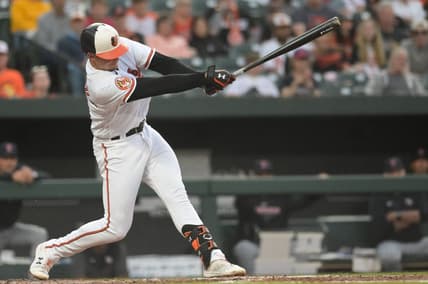 May 30, 2023; Baltimore, Maryland, USA;  Baltimore Orioles first baseman Ryan Mountcastle (6) hits a third inning single against the Cleveland Guardians at Oriole Park at Camden Yards. Mandatory Credit: Tommy Gilligan-USA TODAY Sports