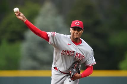May 15, 2023; Denver, Colorado, USA; Cincinnati Reds starting pitcher Hunter Greene (21) delivers a pitch in the first inning against the Colorado Rockies at Coors Field. Mandatory Credit: Ron Chenoy-USA TODAY Sports