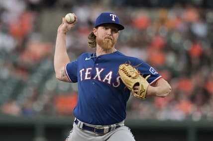 May 26, 2023; Baltimore, Maryland, USA;  Texas Rangers starting pitcher Jon Gray (22) throws a third inning pitch against the Baltimore Orioles at Oriole Park at Camden Yards. Mandatory Credit: Tommy Gilligan-USA TODAY Sports