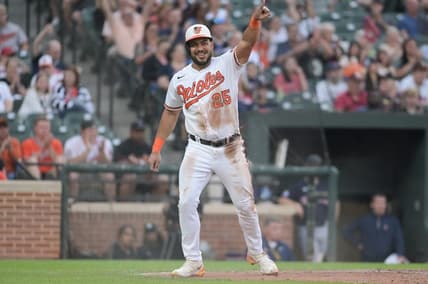 May 30, 2023; Baltimore, Maryland, USA;  Baltimore Orioles right fielder Anthony Santander (25) reacts after scoring on left fielder Austin Hays (not pictured) sacrifice fly during the second inning against the Cleveland Guardians at Oriole Park at Camden Yards. Mandatory Credit: Tommy Gilligan-USA TODAY Sports