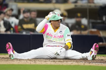 Jun 2, 2023; San Diego, California, USA;  San Diego Padres third baseman Manny Machado (13) reacts to an inside pitch during the ninth inning against the Chicago Cubs  at Petco Park. Mandatory Credit: Ray Acevedo-USA TODAY Sports
