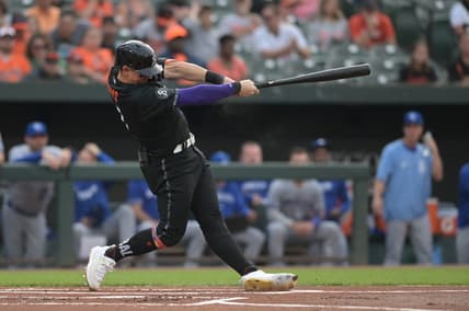 Jun 9, 2023; Baltimore, Maryland, USA;  Baltimore Orioles left fielder Austin Hays (21) swings through a first inning solo home run against the Kansas City Royals at Oriole Park at Camden Yards. Mandatory Credit: Tommy Gilligan-USA TODAY Sports