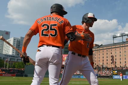 Jun 10, 2023; Baltimore, Maryland, USA;  Baltimore Orioles third baseman Gunnar Henderson (2) celebrates withright fielder Anthony Santander (25) after hitting a second inning home run against the Kansas City Royals at Oriole Park at Camden Yards. Mandatory Credit: Tommy Gilligan-USA TODAY Sports