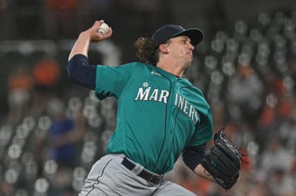 Jun 23, 2023; Baltimore, Maryland, USA;  Seattle Mariners starting pitcher Logan Gilbert (36) whines up to throw a first inning pitch against the Baltimore Orioles at Oriole Park at Camden Yards. Mandatory Credit: Tommy Gilligan-USA TODAY Sports