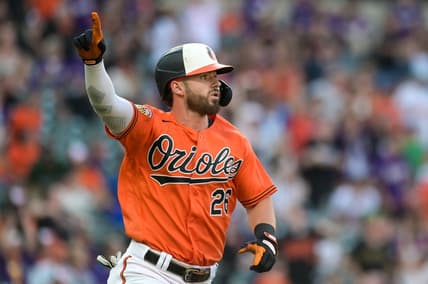 Jun 24, 2023; Baltimore, Maryland, USA;  Baltimore Orioles right fielder Ryan McKenna (26) reacts after hitting a walk off two run home run against the Seattle Mariners at Oriole Park at Camden Yards. Mandatory Credit: Tommy Gilligan-USA TODAY Sports