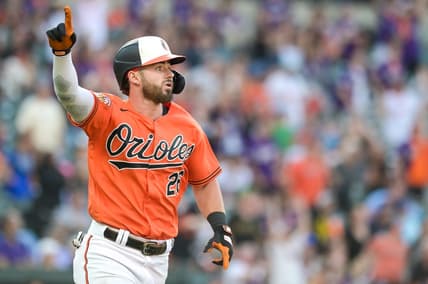 Jun 24, 2023; Baltimore, Maryland, USA;  Baltimore Orioles right fielder Ryan McKenna (26) reacts after hitting a walk off two run home run against the Seattle Mariners at Oriole Park at Camden Yards. Mandatory Credit: Tommy Gilligan-USA TODAY Sports