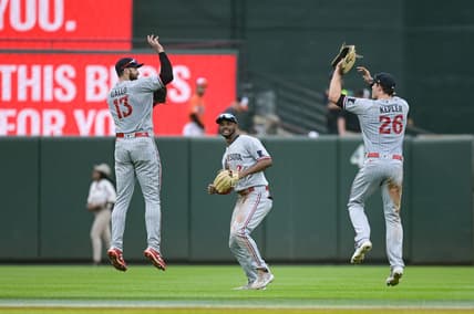 Jul 1, 2023; Baltimore, Maryland, USA; Minnesota Twins first baseman Joey Gallo (13),  center fielder Michael A. Taylor (2) and  right fielder Max Kepler (26) celebrate after the game against the Baltimore Orioles  at Oriole Park at Camden Yards. Mandatory Credit: Tommy Gilligan-USA TODAY Sports