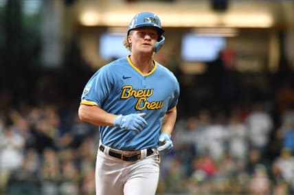 Jul 7, 2023; Milwaukee, Wisconsin, USA; Milwaukee Brewers center fielder Joey Wiemer (28) rounds the bases after hitting a home run against the Cincinnati Reds in the second inning at American Family Field. Mandatory Credit: Michael McLoone-USA TODAY Sports