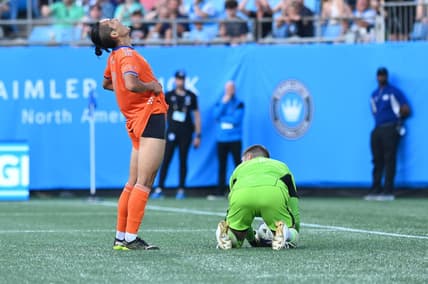 Jul 8, 2023; Charlotte, North Carolina, USA; FC Cincinnati attacker Yugo Kubo (7) reacts as Charlotte FC goalkeeper Kristijan Kahlina (1) saves a goal attempt in the first half at Bank of America Stadium. Mandatory Credit: Griffin Zetterberg-USA TODAY Sportsfc