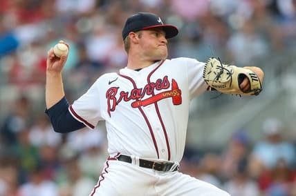 Jul 18, 2023; Atlanta, Georgia, USA; Atlanta Braves starting pitcher Bryce Elder (55) throws against the Arizona Diamondbacks in the first inning at Truist Park. Mandatory Credit: Brett Davis-USA TODAY Sports