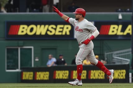 Jul 28, 2023; Pittsburgh, Pennsylvania, USA; Philadelphia Phillies designated hitter Kyle Schwarber (12) reacts as he circles the bases on a two run home run against the Pittsburgh Pirates during the third inning at PNC Park. Mandatory Credit: Charles LeClaire-USA TODAY Sports