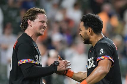 Jul 29, 2023; Baltimore, Maryland, USA;  Baltimore Orioles right fielder Anthony Santander (25) celebrates with catcher Adley Rutschman (35) after hitting a ninth inning walk off home run against the New York Yankees at Oriole Park at Camden Yards. Mandatory Credit: Tommy Gilligan-USA TODAY Sports