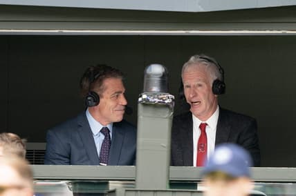 Jul 3, 2023; London, United Kingdom;  John McEnroe and Chris Fowler in the ESPN booth on Centre Court during the Novak Djokovic (SRB) and Pedro Cachin (ARG) match at the All England Lawn Tennis and Croquet Club. Mandatory Credit: Susan Mullane-USA TODAY Sports