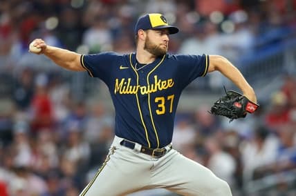 Milwaukee Brewers starting pitcher Adrian Houser throws against the Atlanta Braves in the second inning at Truist Park.