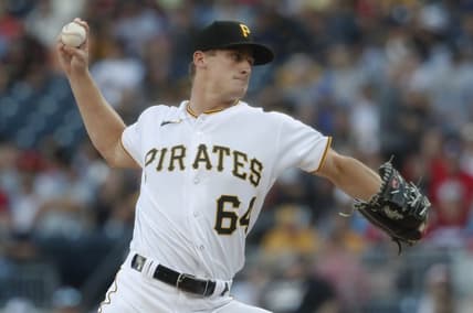 Jul 29, 2023; Pittsburgh, Pennsylvania, USA;  .Pittsburgh Pirates starting pitcher Quinn Priester (64) delivers a pitch against the Philadelphia Phillies during the first inning at PNC Park. Mandatory Credit: Charles LeClaire-USA TODAY Sports