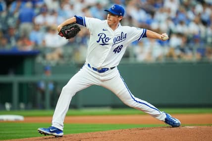 Jul 19, 2023; Kansas City, Missouri, USA; Kansas City Royals starting pitcher Ryan Yarbrough (48) pitches during the first inning against the Detroit Tigers at Kauffman Stadium. Mandatory Credit: Jay Biggerstaff-USA TODAY Sports