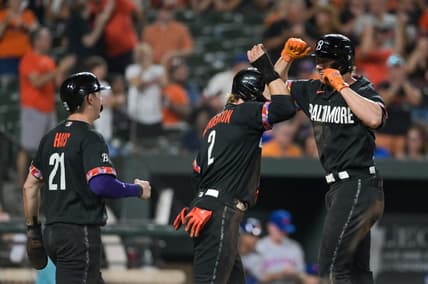 Aug 4, 2023; Baltimore, Maryland, USA; Baltimore Orioles second baseman Jordan Westburg (11) celebrates with third baseman Gunnar Henderson (2) and left fielder Austin Hays (21) after hitting a seventh inning three run home run against the New York Mets  at Oriole Park at Camden Yards. Mandatory Credit: Tommy Gilligan-USA TODAY Sports