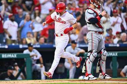 Aug 11, 2023; Philadelphia, Pennsylvania, USA; Philadelphia Phillies second baseman Bryson Stott (5) crosses the plate to score against the Minnesota Twins in the second inning at Citizens Bank Park. Mandatory Credit: Kyle Ross-USA TODAY Sports