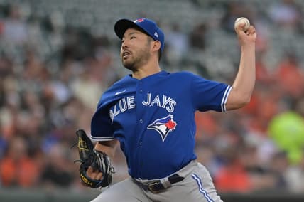 Aug 22, 2023; Baltimore, Maryland, USA;  Toronto Blue Jays starting pitcher Yusei Kikuchi (16) throws a first inning pitch against the Baltimore Orioles at Oriole Park at Camden Yards. Mandatory Credit: Tommy Gilligan-USA TODAY Sports