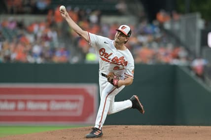 Aug 23, 2023; Baltimore, Maryland, USA;  Baltimore Orioles starting pitcher Dean Kremer (64) throws a first inning pitch against the Toronto Blue Jays at Oriole Park at Camden Yards. Mandatory Credit: Tommy Gilligan-USA TODAY Sports