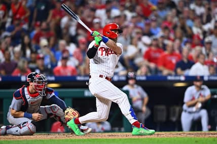 Aug 25, 2023; Philadelphia, Pennsylvania, USA; Philadelphia Phillies first baseman Bryce Harper (3) hits a triple against the St. Louis Cardinals in the seventh inning at Citizens Bank Park. Mandatory Credit: Kyle Ross-USA TODAY Sports