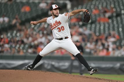 Aug 28, 2023; Baltimore, Maryland, USA;  Baltimore Orioles starting pitcher Grayson Rodriguez (30) throws a second  inning pitch against the Chicago White Sox at Oriole Park at Camden Yards. Mandatory Credit: Tommy Gilligan-USA TODAY Sports