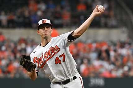 Apr 13, 2022; Baltimore, Maryland, USA;  Baltimore Orioles starting pitcher John Means (47) delivers a first inning pitch against the Milwaukee Brewers at Oriole Park at Camden Yards. Mandatory Credit: Tommy Gilligan-USA TODAY Sports
