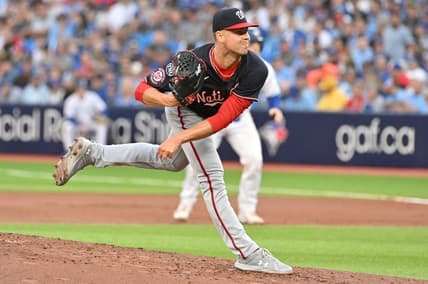 Aug 29, 2023; Toronto, Ontario, CAN;   Washington Nationals starting pitcher MacKenzie Gore (1) delivers a pitch against the Toronto Blue Jays in the first inning at Rogers Centre. Mandatory Credit: Dan Hamilton-USA TODAY Sports