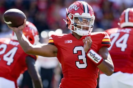 Sep 2, 2023; College Park, Maryland, USA;  Maryland Terrapins quarterback Taulia Tagovailoa (3) looks to throw as the action reflects off his visor during the first half against the Towson Tigers  at SECU Stadium. Mandatory Credit: Tommy Gilligan-USA TODAY Sports