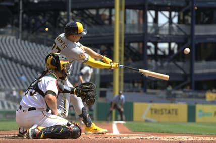 Sep 6, 2023; Pittsburgh, Pennsylvania, USA;  Milwaukee Brewers shortstop Willy Adames (27) hits a three-run home run against the Pittsburgh Pirates during the first inning at PNC Park. Mandatory Credit: Charles LeClaire-USA TODAY Sports