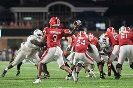 Sep 9, 2023; College Park, Maryland, USA;  Maryland Terrapins quarterback Taulia Tagovailoa (3) throws from the pocket during the first half against the Charlotte 49ers at SECU Stadium. Mandatory Credit: Tommy Gilligan-USA TODAY Sports