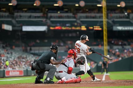 Sep 11, 2023; Baltimore, Maryland, USA;  Baltimore Orioles third baseman Ramon Urias (29) hits a second inning rbi single against the St. Louis Cardinals at Oriole Park at Camden Yards. Mandatory Credit: Tommy Gilligan-USA TODAY Sports