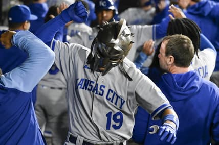 Sep 12, 2023; Chicago, Illinois, USA; Kansas City Royals second baseman Michael Massey (19) celebrates in the dugout  after hitting a three run home run against the Chicago White Sox during the second inning at Guaranteed Rate Field. Mandatory Credit: Matt Marton-USA TODAY Sports