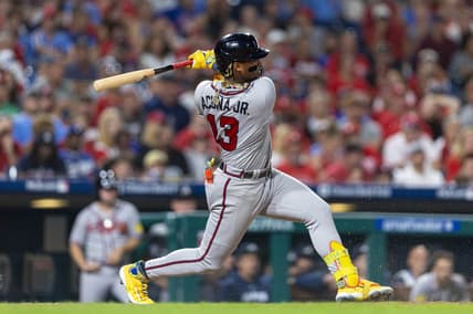 Sep 12, 2023; Philadelphia, Pennsylvania, USA; Atlanta Braves right fielder Ronald Acuna Jr. (13) in action against the Philadelphia Phillies at Citizens Bank Park. Mandatory Credit: Bill Streicher-USA TODAY Sports