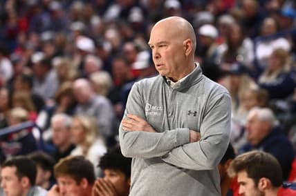 Feb 25, 2023; Spokane, Washington, USA; St. Mary's Gaels head coach Randy Bennett looks on against the Gonzaga Bulldogs in the first half at McCarthey Athletic Center. Mandatory Credit: James Snook-USA TODAY Sports