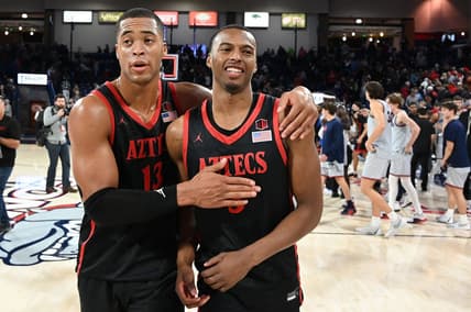 Dec 29, 2023; Spokane, Washington, USA; San Diego State Aztecs forward Jaedon LeDee (13) and guard Micah Parrish (3) celebrate after a game against the Gonzaga Bulldogs at McCarthey Athletic Center. San Diego won 84-74. Mandatory Credit: James Snook-USA TODAY Sports