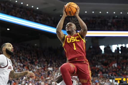 Dec 17, 2023; Auburn, Alabama, USA;  USC Trojans guard Isaiah Collier (1) shoots a layup against the Auburn Tigers during the first half at Neville Arena. Mandatory Credit: John Reed-USA TODAY Sports