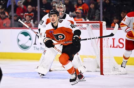 Jan 6, 2024; Philadelphia, Pennsylvania, USA; Philadelphia Flyers center Morgan Frost (48) in action against the Calgary Flames in the first period at Wells Fargo Center. Mandatory Credit: Kyle Ross-USA TODAY Sports
