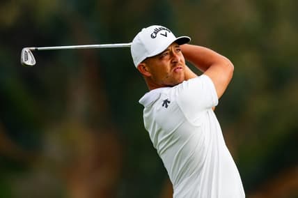 Feb 17, 2024; Pacific Palisades, California, USA; Xander Schauffele plays on the sixteenth hole during the third round of The Genesis Invitational golf tournament at Riviera Country Club. Mandatory Credit: Jason Parkhurst-USA TODAY Sports