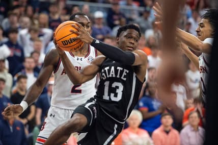 Mississippi State Bulldogs guard Josh Hubbard (13) drives the ball as Auburn Tigers take on Mississippi State Bulldogs at Neville Arena in Auburn, Ala., on Saturday, March 2, 2024. Auburn Tigers lead Mississippi State Bulldogs 39-22 at halftime.