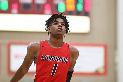 Dec 7, 2019; Scottsdale, AZ, USA; Coronado High School guard Jaden Hardy (1) against Shadow Mountain High School during the 2019 Hoophall West basketball tournament at Chaparral High School. Mandatory Credit: Mark J. Rebilas-USA TODAY Sports