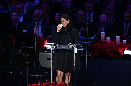 Feb 24, 2020; Los Angeles, California, USA;   Vanessa Bryant weeps while delivering her speech during the memorial to celebrate the life of Kobe Bryant and daughter Gianna Bryant at Staples Center. Mandatory Credit: Robert Hanashiro-USA TODAY Sports