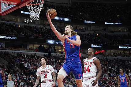 Oct 23, 2021; Chicago, Illinois, USA; Detroit Pistons forward Kelly Olynyk (13) shoots the ball against the Detroit Pistons during the second half at United Center. Mandatory Credit: David Banks-USA TODAY Sports