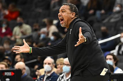 Feb 6, 2022; Washington, District of Columbia, USA; Providence Friars head coach Ed Cooley reacts against the Georgetown Hoyas during the first half at Capital One Arena. Mandatory Credit: Brad Mills-USA TODAY Sports