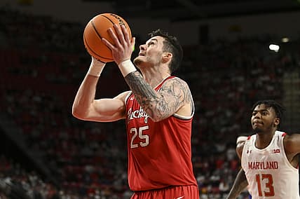 Feb 27, 2022; College Park, Maryland, USA; Ohio State Buckeyes forward Kyle Young (25) shoots during the first half against the Maryland Terrapins  at Xfinity Center. Mandatory Credit: Tommy Gilligan-USA TODAY Sports