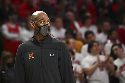 Feb 27, 2022; College Park, Maryland, USA;  Maryland Terrapins head coach interim head coach Danny Manning  looks onto the court during the first half against the Ohio State Buckeyes at Xfinity Center. Mandatory Credit: Tommy Gilligan-USA TODAY Sports