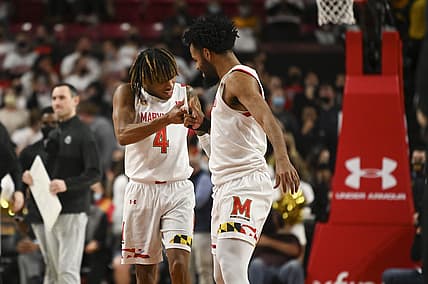 Feb 27, 2022; College Park, Maryland, USA; Maryland Terrapins guard Fatts Russell (4) and  guard Eric Ayala (5) celebrate on the court during the second half against the Ohio State Buckeyes at Xfinity Center. Mandatory Credit: Tommy Gilligan-USA TODAY Sports